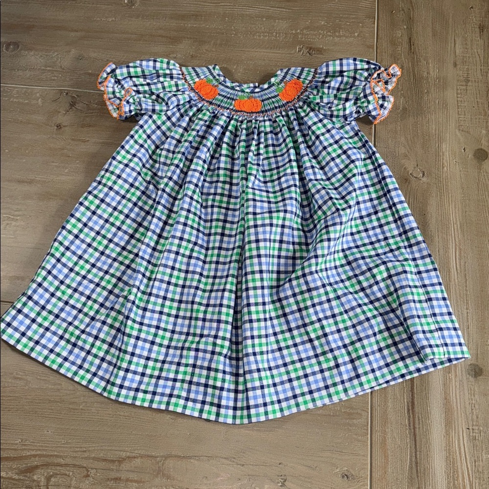 Southern Sunshine Girl Pumpkin Smocked Navy Plaid Dress - 18 Month - Like New